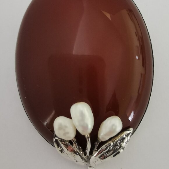 Antique Sterling Silver Signed Carnelian with Pearls Brooch - Picture 2 of 14